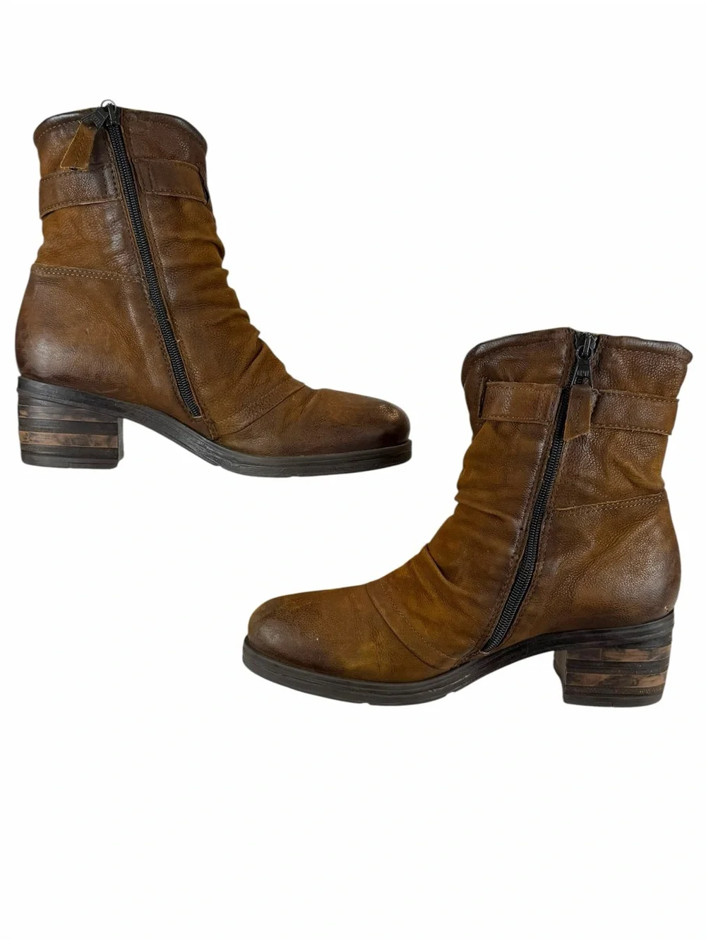 Miz Mooz Sidney Brown Leather Stacked Block Heel Button Side Zip Ankle Boots